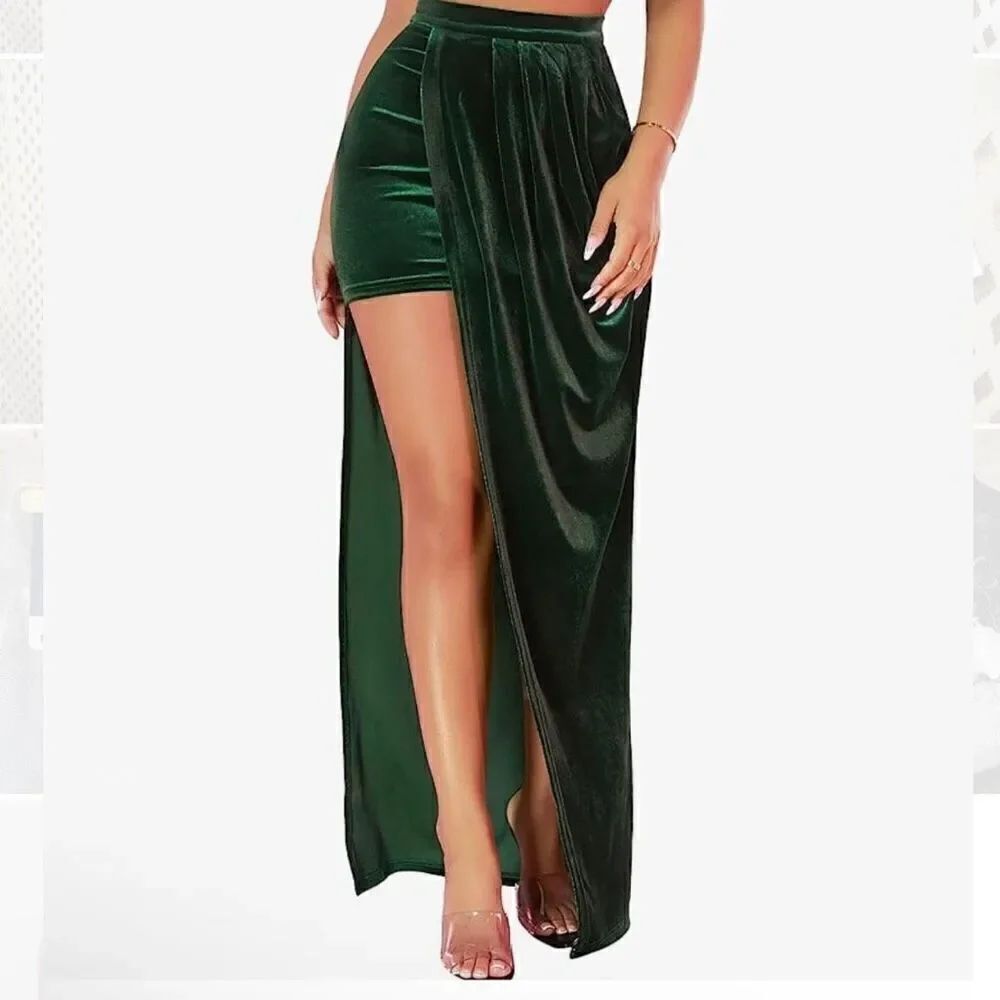 Boho Asymmetrical Velvet High Waisted Bodycon Draped Maxi Skirt Dark Green S